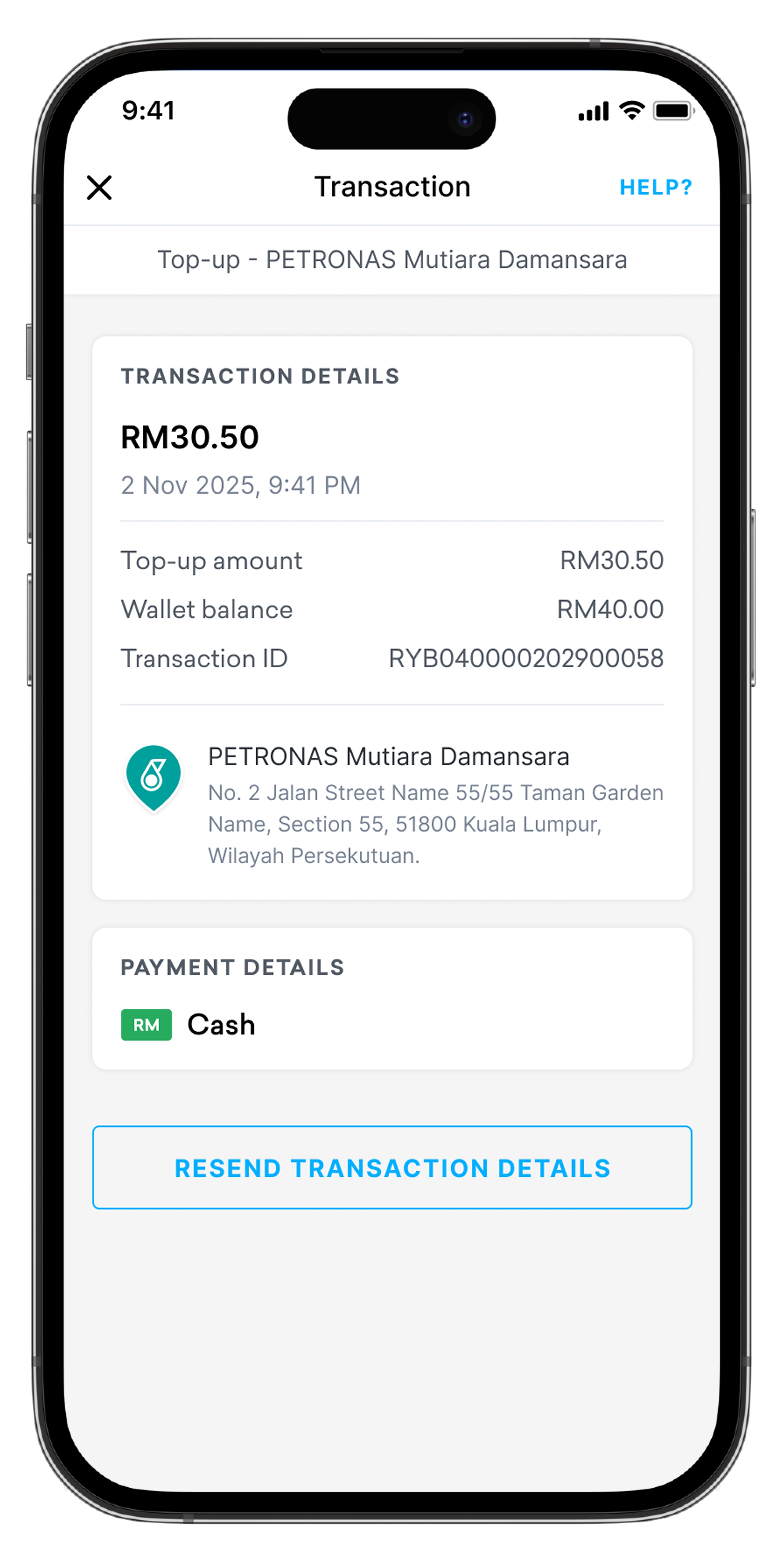 Top-up details screen